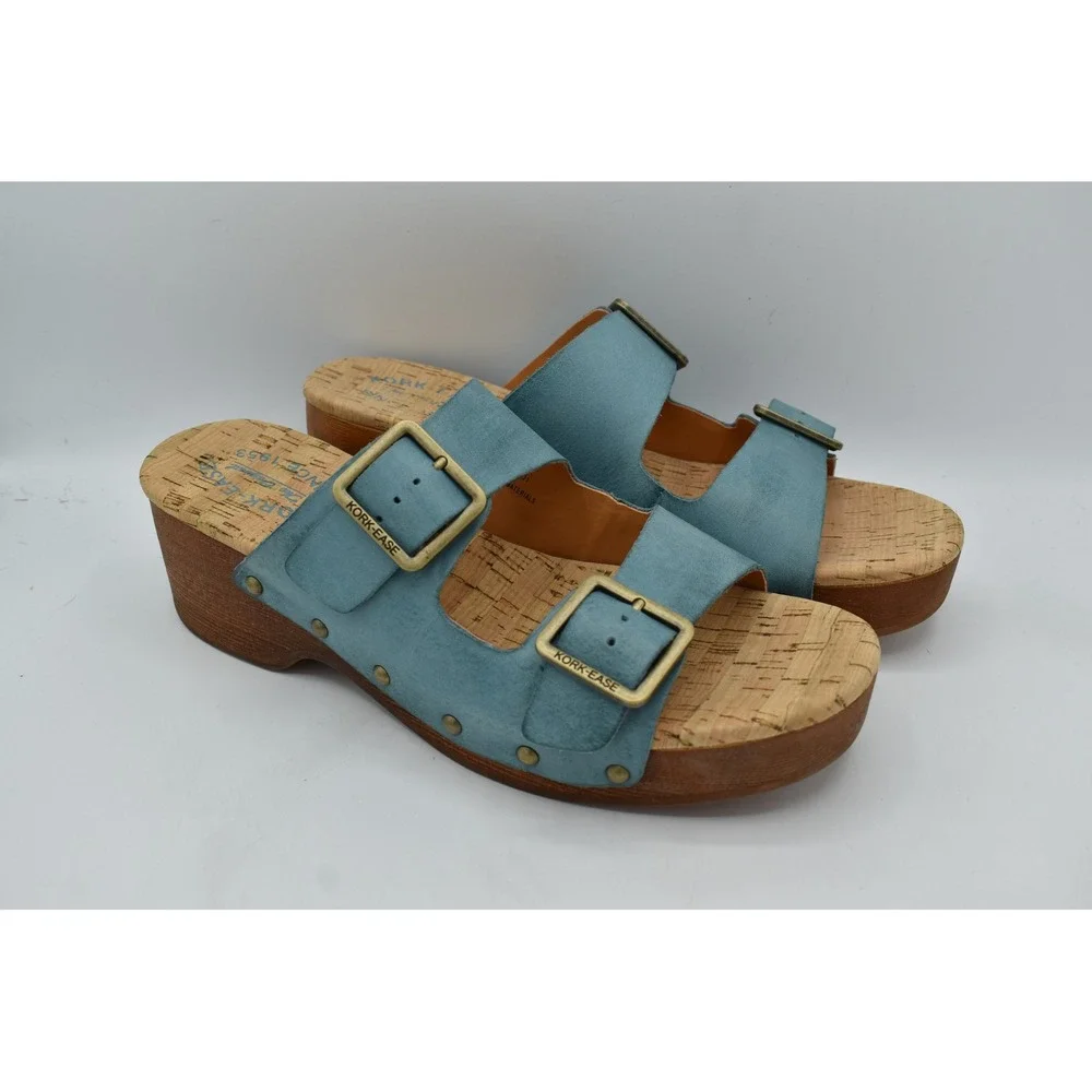 Kork-Ease Saffron Women 9 Turquoise Leather Cork Wedge Shoes Slide Sandals